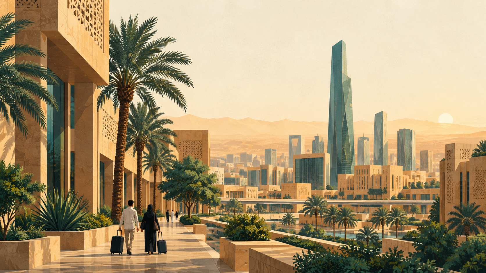 رسم توضيحي لمدينة سعودية مشمسة وأشخاص يصلون مع حقائبهم